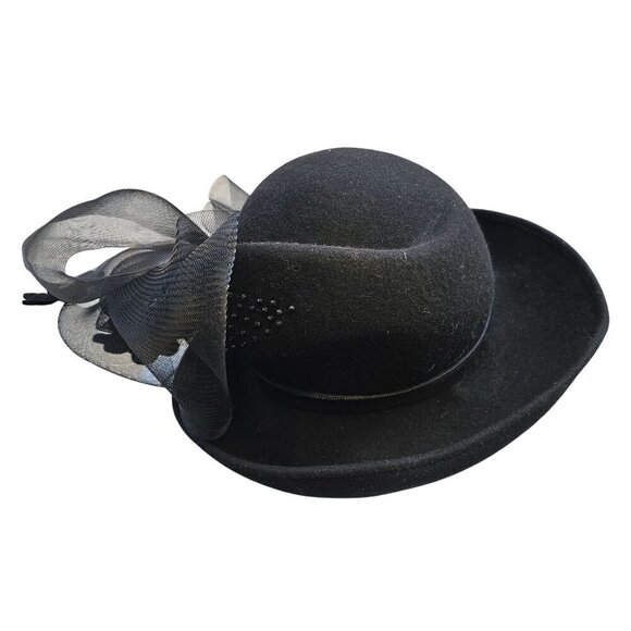 Signature Deborah Black Felt Kettle Brim Hat Sz 22.5" Crinoline Black Rhinestone - Picture 5 of 11